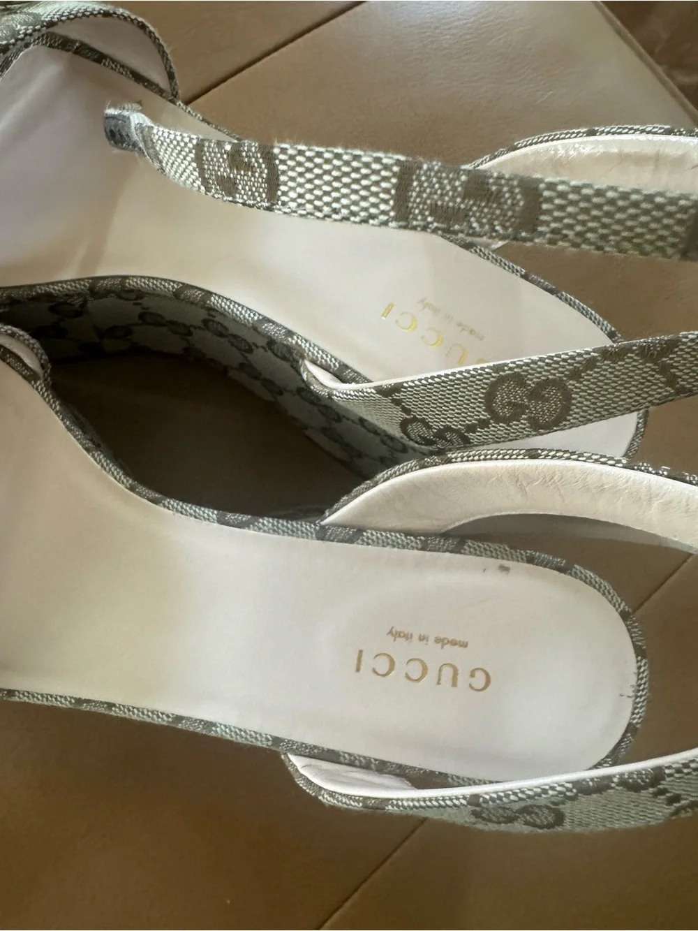 Gucci Tan Monogram Platform Slingback Sandals with Gold Horsebit